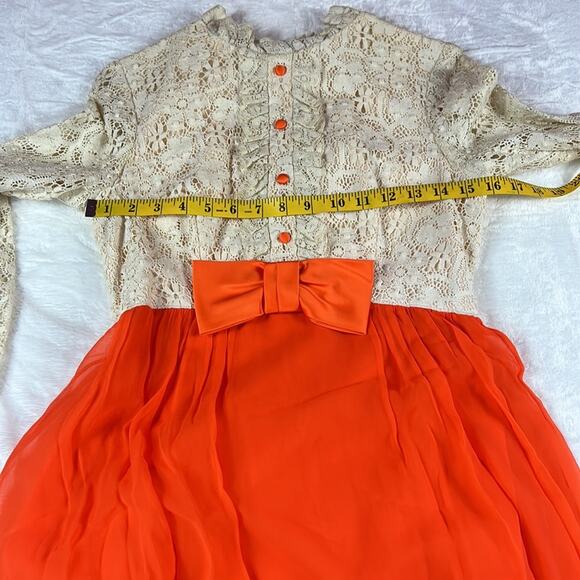 Vintage 70s Unbranded orange Chiffon and cream lace maxi dress, size small or xs - Picture 7 of 12